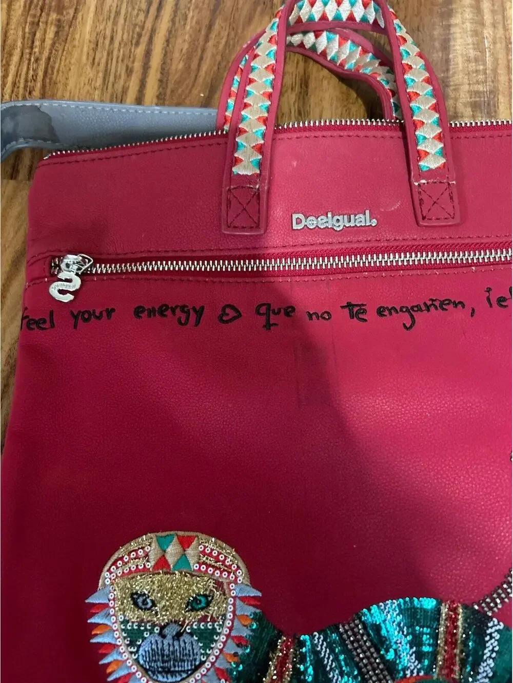 Desigual Monkey Around Red Embroidered Backpack